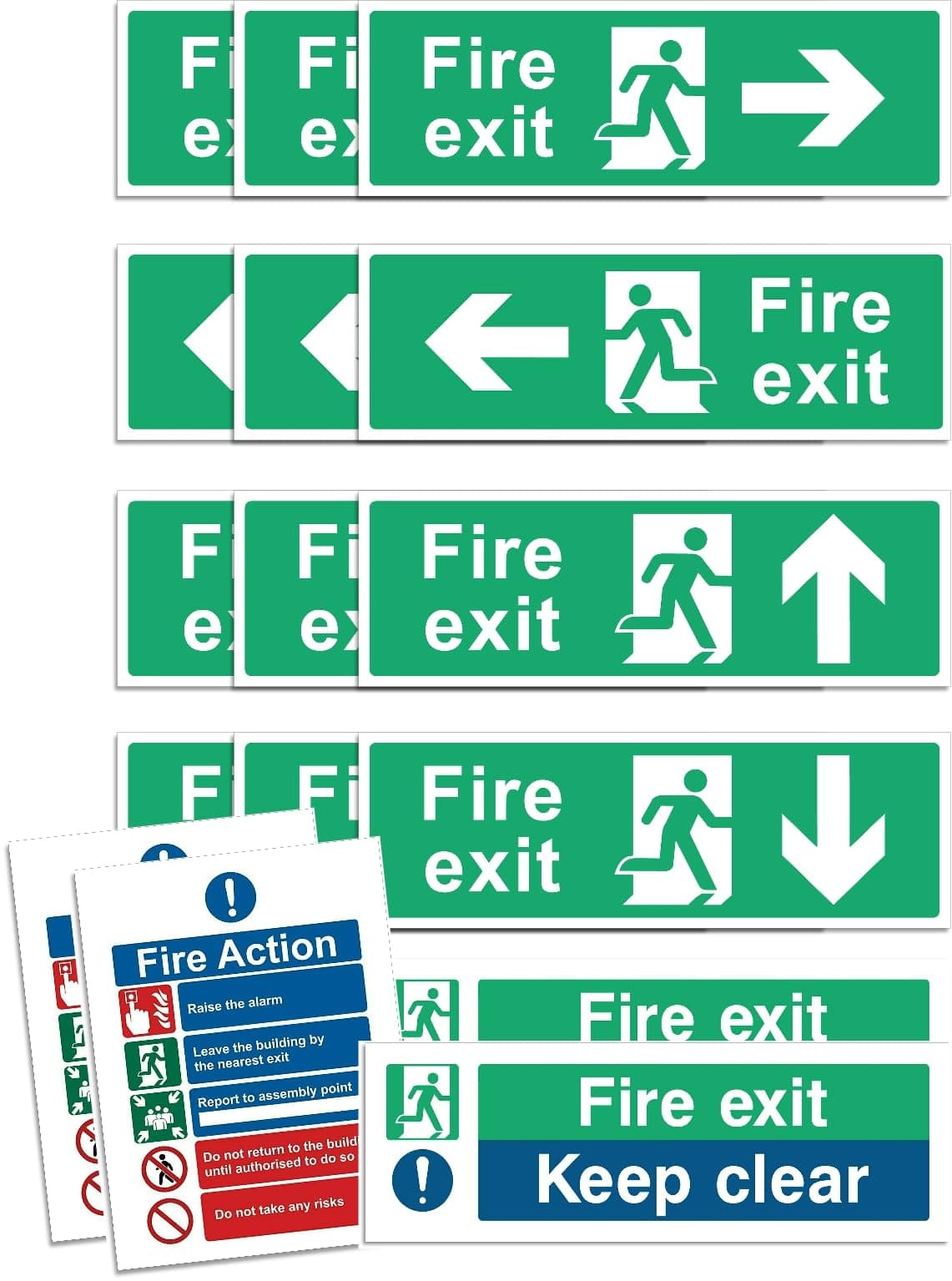 Rubigo Safety Pack of 14, Fire Exit Sign (RIGHT, LEFT, UP, DOWN ARROW) Fire Exit Keep Clear Sign, Fire Signs 30 X 10cm Self Adhesive Vinyl Sticker Emergency Exit Signage, green