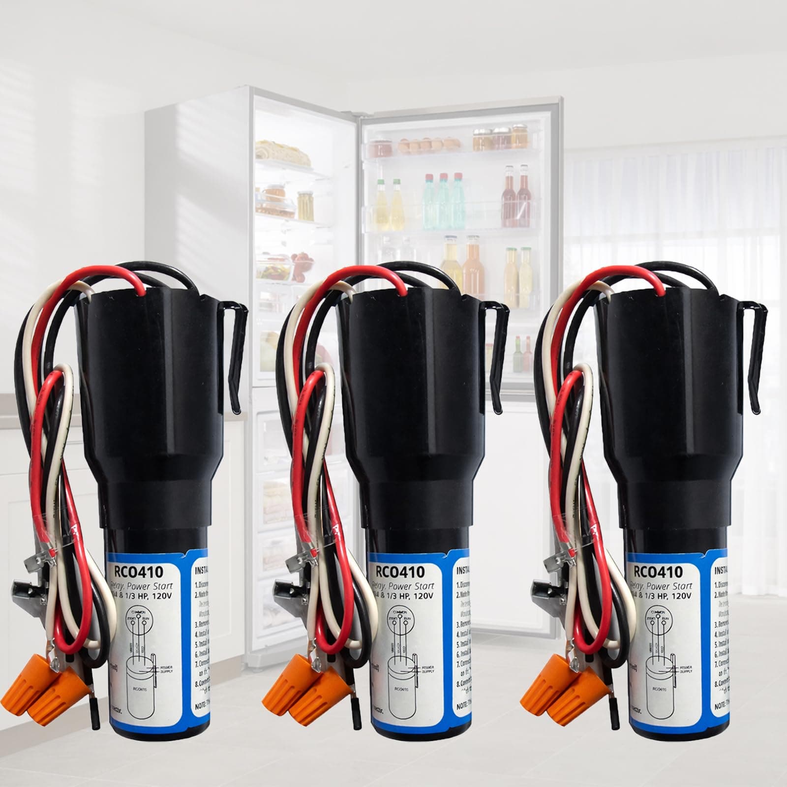 RCO410 3 in 1 Compressor Hard Start Capacitor Kit For Refrigerators & Freezers 1/4-1/3 H.P. 115VAC （3pcs）