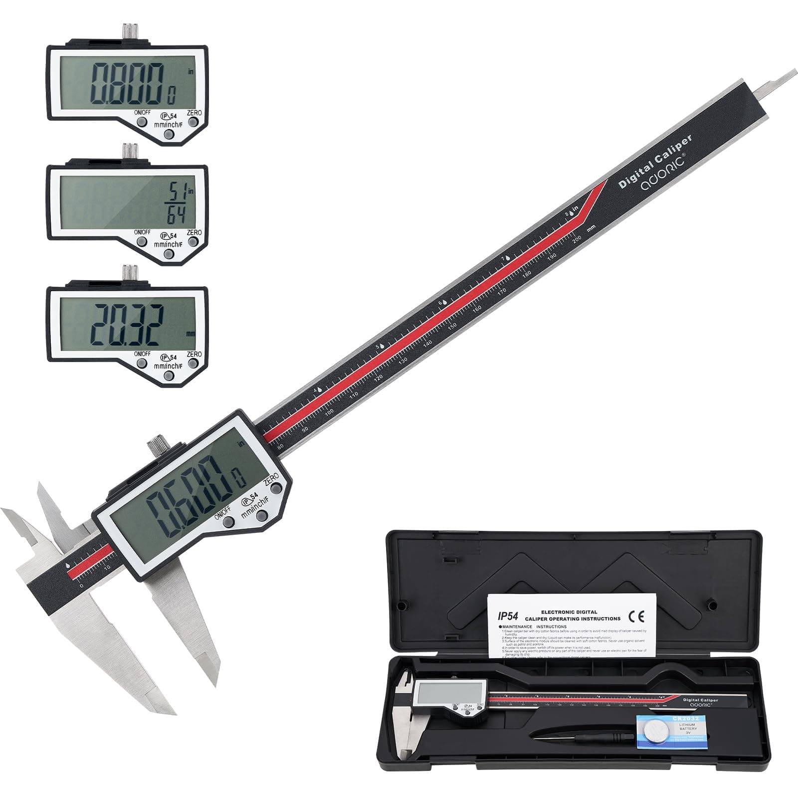 Digital Caliper, 8" Caliper Measuring Tool Extreme Accuracy Waterproof Electronic Vernier Caliper Industrial Stainless Steel Digital, Durable Measuring Tool with Large LCD Screen