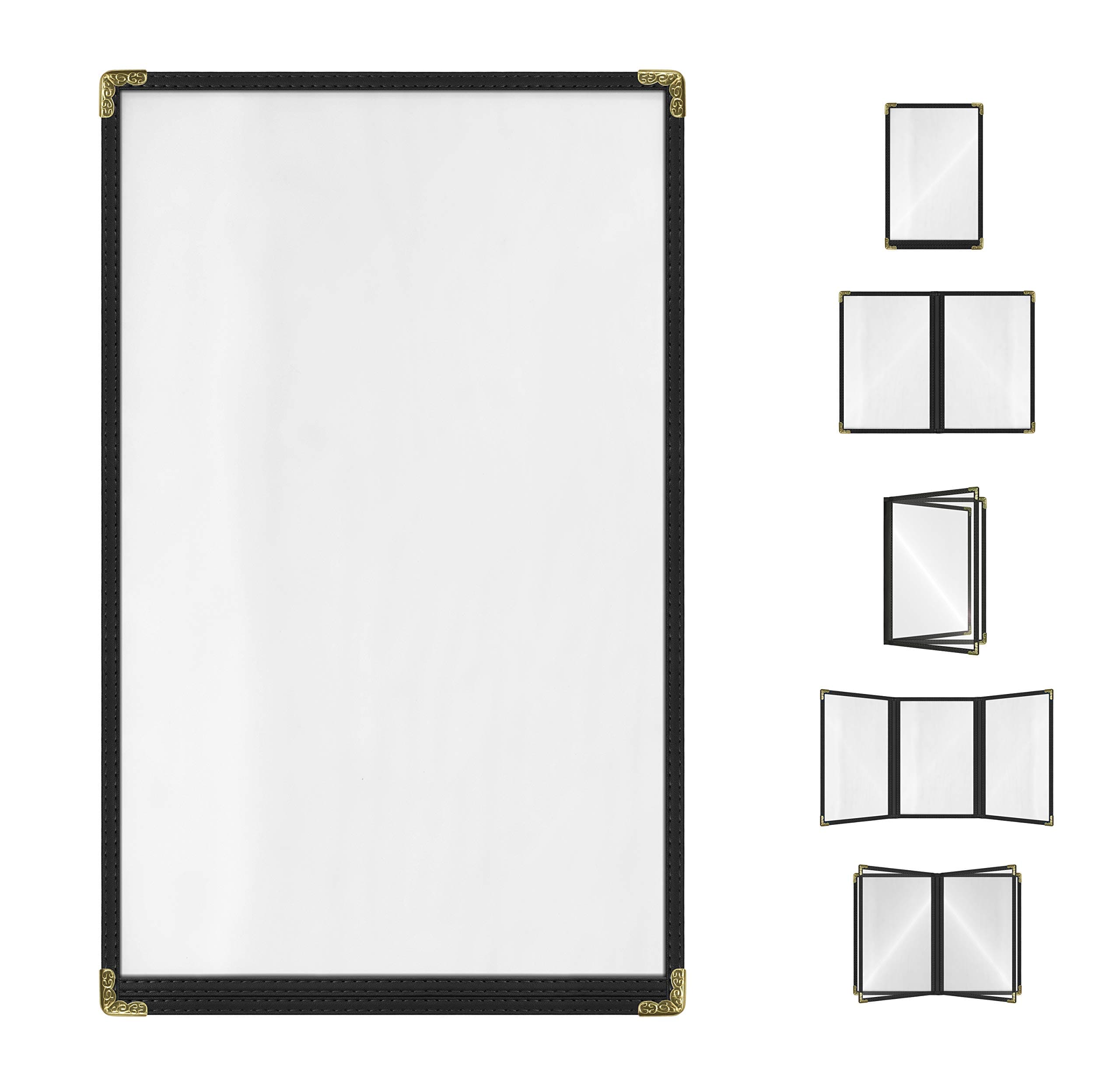 Goodsmart Restaurant Menu Covers – 25 Pack Black 2-View, Top-Loading Menu Holders, Vinyl & Plastic Café Menu Covers, Clear Menu Sleeves, Fits 8.5" x 14", Leather-Style Design, Gold Corners