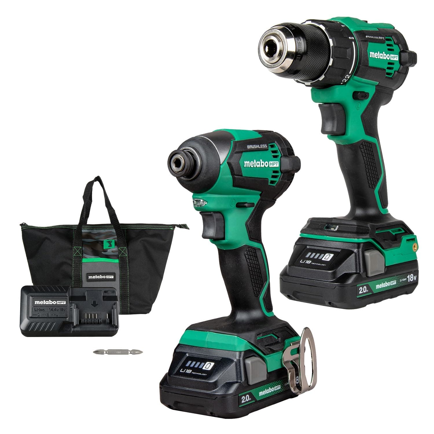 18V MultiVolt Cordless Brushless Driver Drill & Impact Driver Combo Kit, Power Tool Kit, 2 Lithium-Ion Metabo HPT Batteries and Charger, High Torque, Compact Lightweight Design, KC18DEXQB