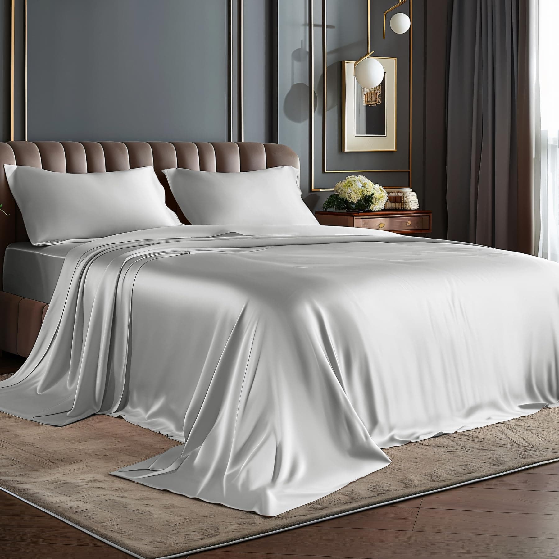 BEDELITE Satin Sheets Full Size Bed Set, Luxury Soft Grey Silky Sheets for Hair and Skin, Similar to Silk Bed Sheets Set 4 Pieces with 1 Deep Pocket Fitted Sheet, 1 Flat Sheet, and 2 Pillowcases