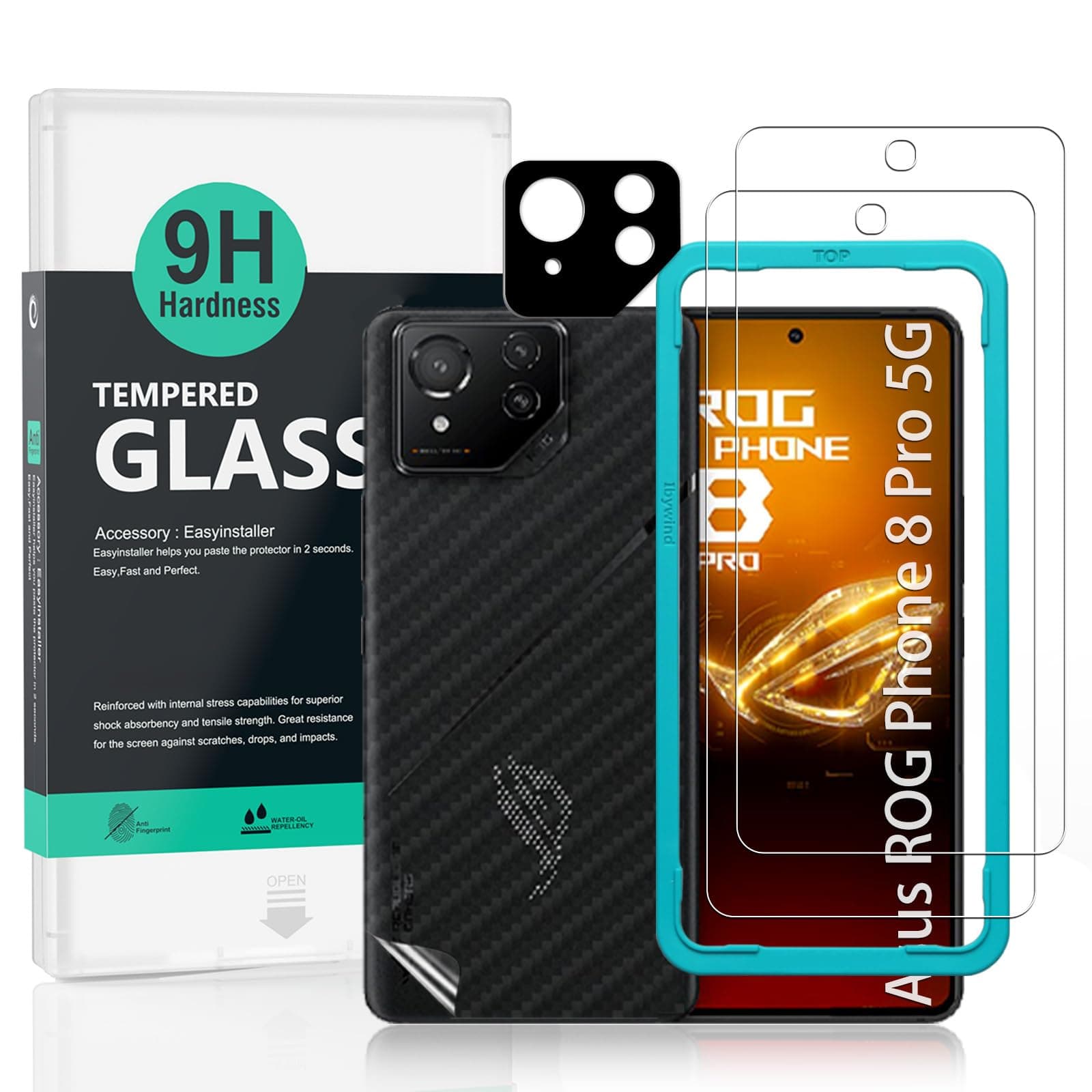 – Ibywind For Asus ROG Phone 8 Pro 5G Screen Protector 6.78",2 Pack 9H Hardness Tempered Glass,With 1Pc Camera Lens Protector,1Pc Back Carbon Fiber Film,Easy to install