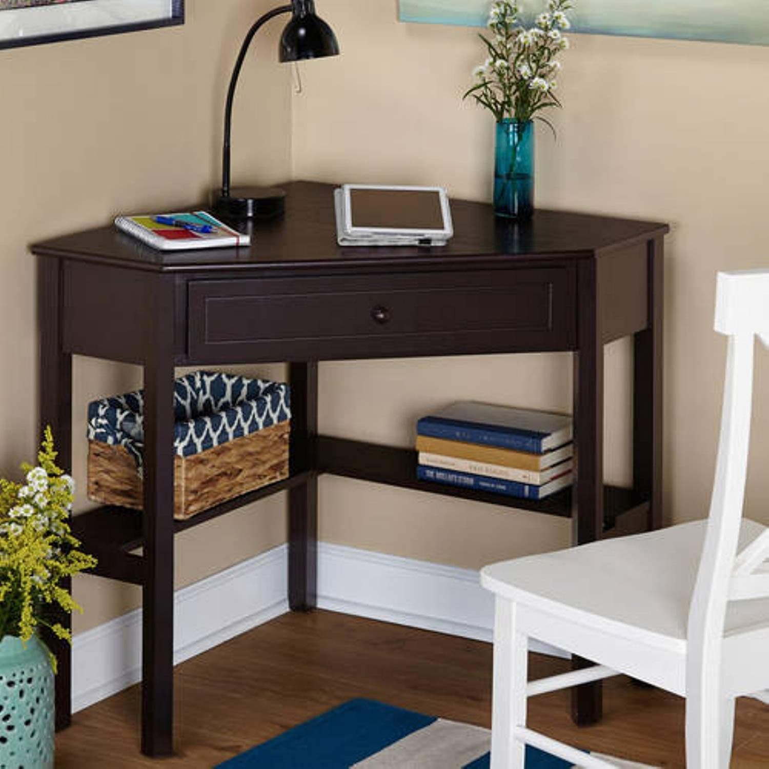 Wood Corner Computer Desk with Pullout Drawer and Shelf in Espresso
