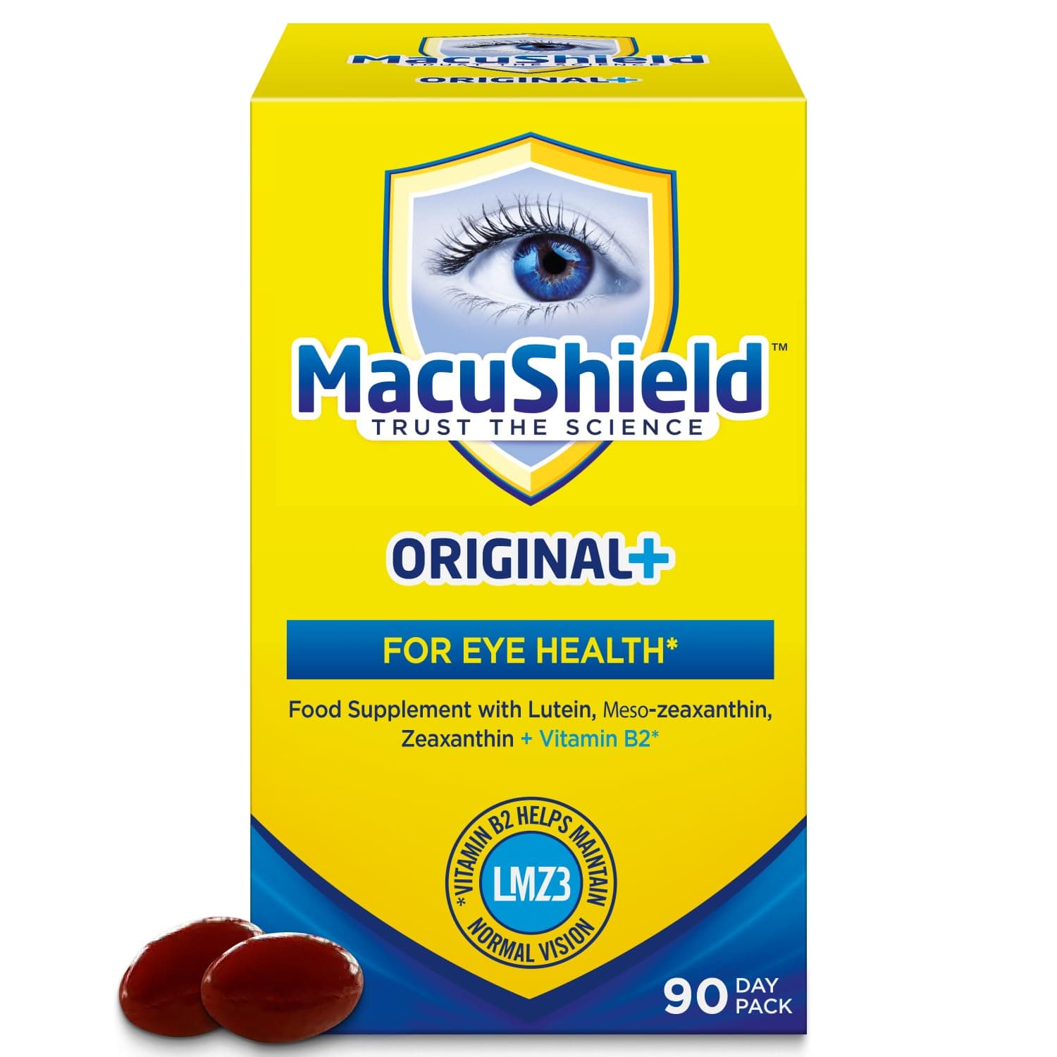 MacuShield Original Plus Capsules - 90-Day Pack, Eye Health Supplement* with Lutein Zeaxanthin and Meso-Zeaxanthin + Vitamin B2 (Riboflavin) which Helps Maintain Normal Vision