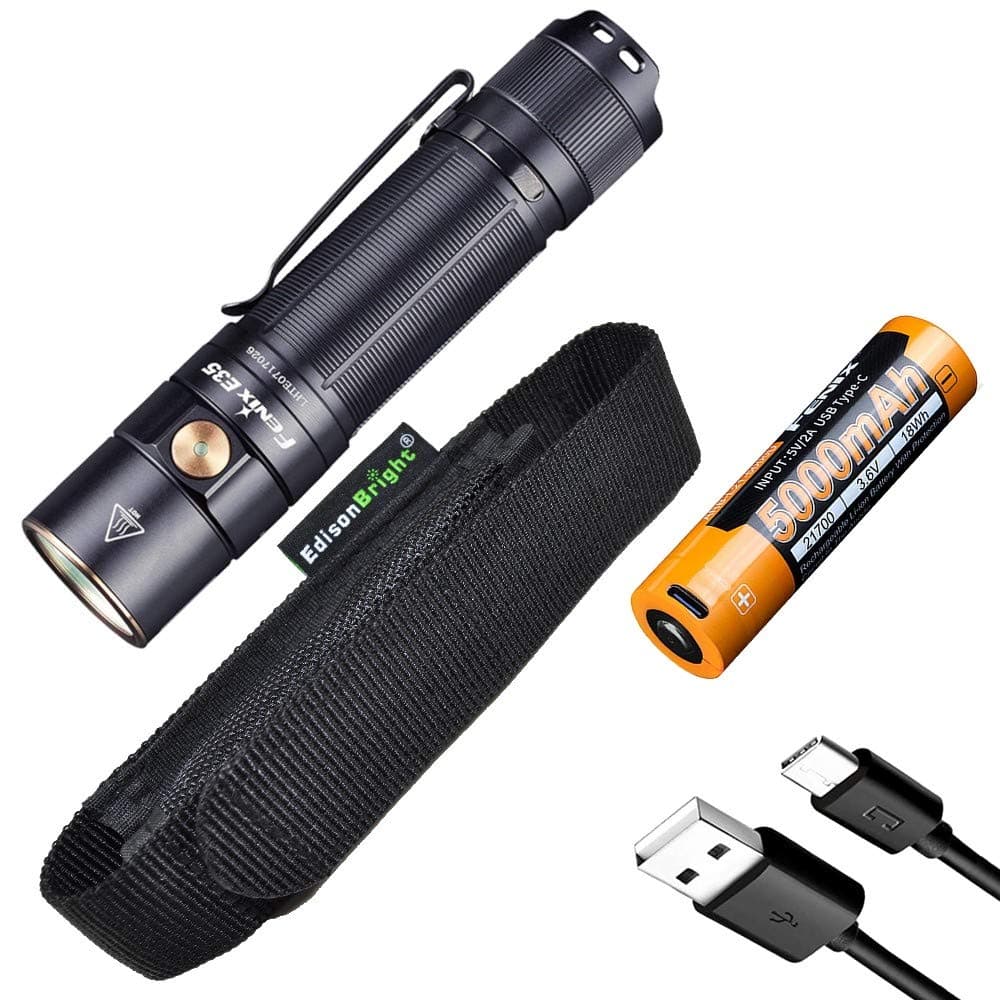 Fenix E35 V3 3000 Lumen LED Flashlight with 5000mAh USB-C Rechargeable Battery and EdisonBright Brand Belt Holster Bundle, Nylon