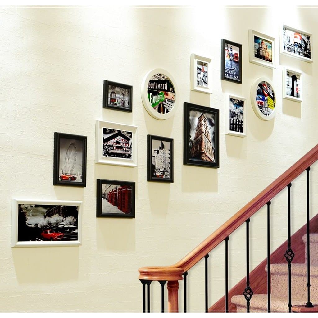 Photo Frame Wall 15 Frame Composite Solid Wood Photo Wall European Style Entrance Picture Frame Wall Creative Staircase Wall Frame Frame Wall Combination (Color : Black and White)