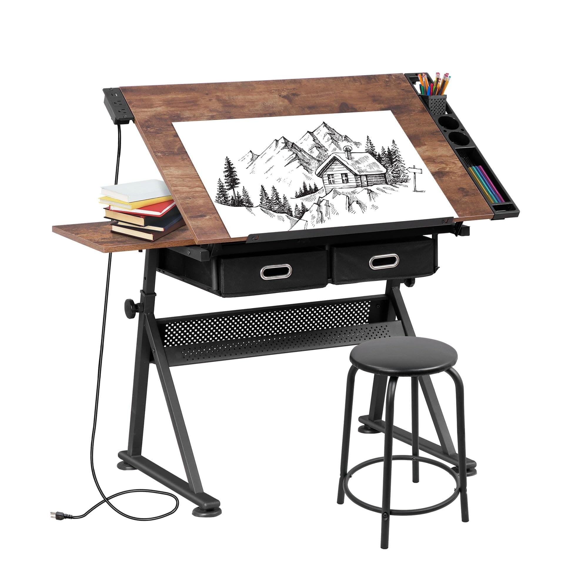 SUPER DEAL Drafting Table Set with Charging Station, Height Adjustable Tilting Drawing Desk Artist Desk with Stool Multifunctional Art Craft Workstation with 2 Storage Drawers for Home Office School