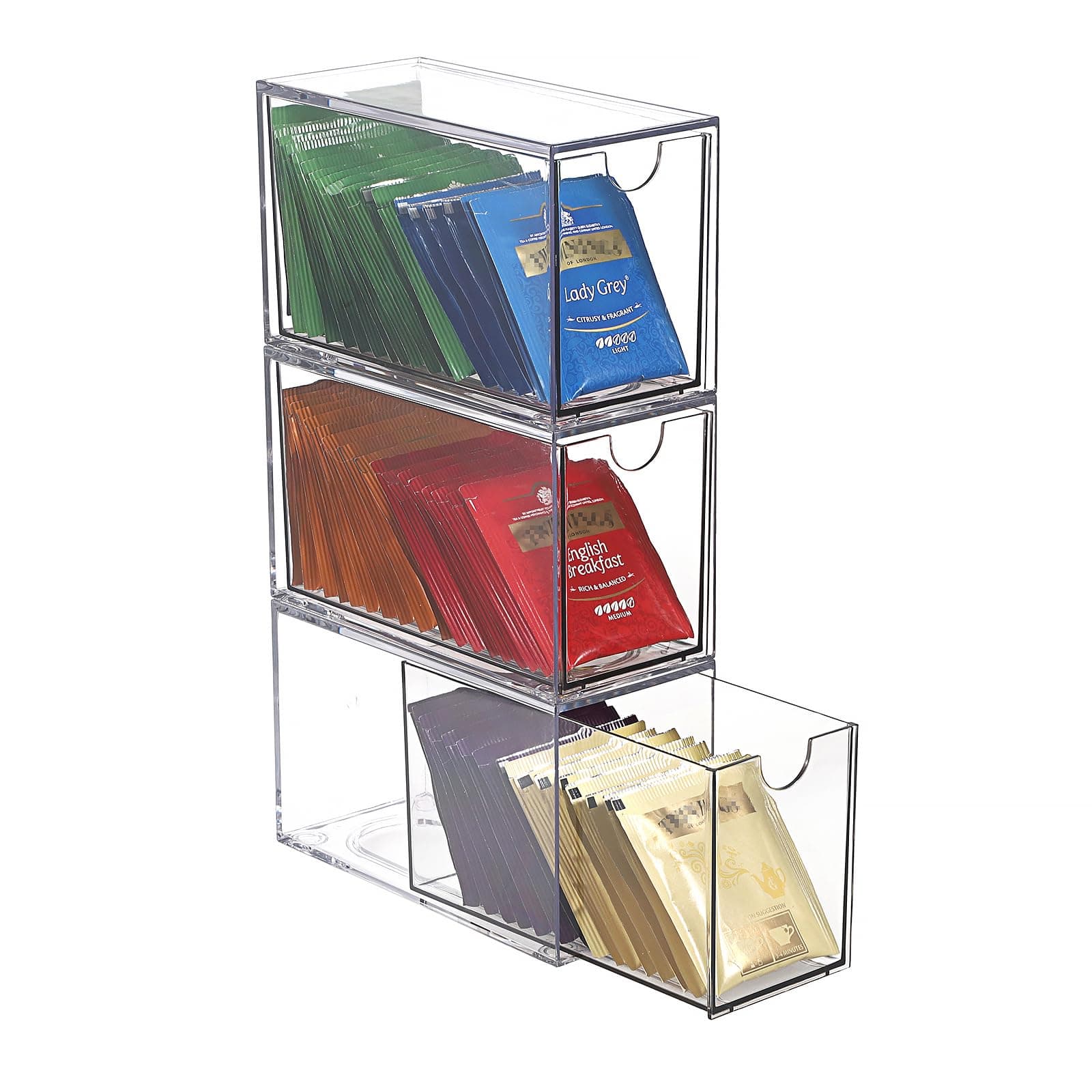 IGNPION 3 Layer Tea Organizer Drawer Box , Acrylic Kitchen Coffee Capsules and Tea Bag Holder with 3 Drawer, Stackable Small Desktop Storage Drawer for Office, Batheroom, Dresser