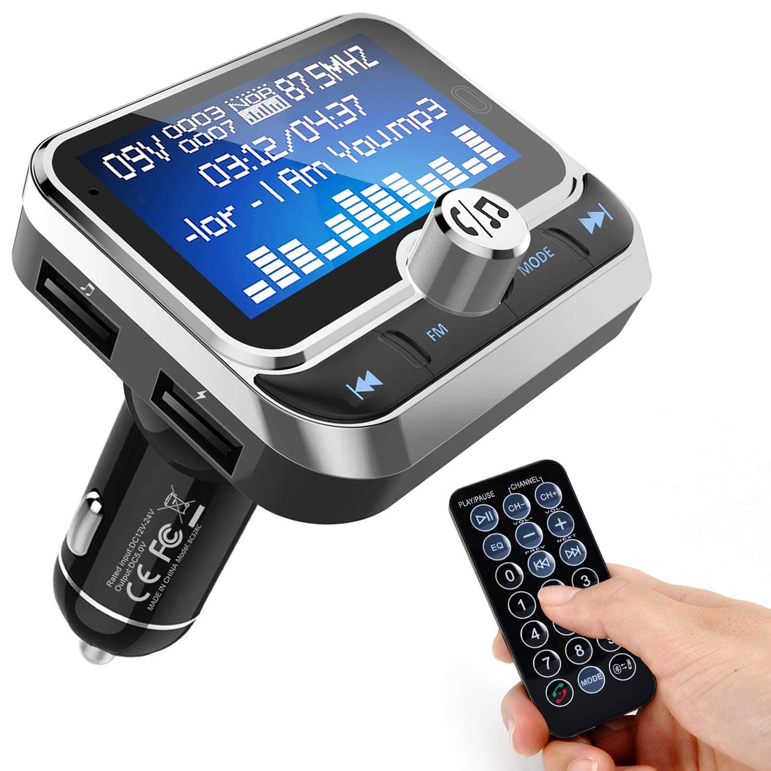 Tinzzi FM Transmitter Car Bluetooth Adaptor Hand-Free Transmitter Car Kit, 1.4" LCD Screen, Support 32GB TF Card, USB Disk, Remote Control,USB Charger- Black (Silver)