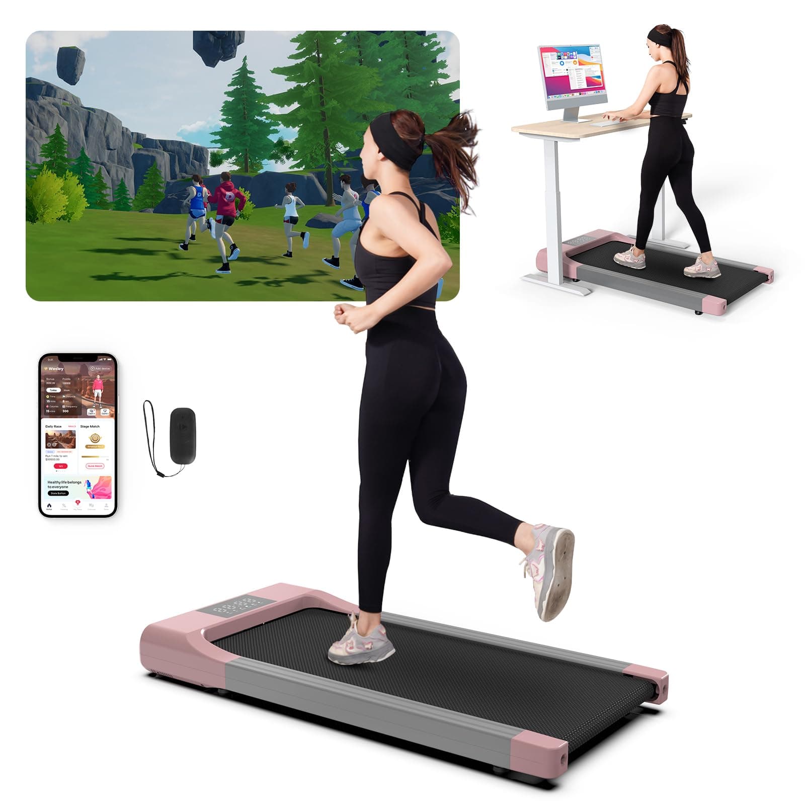 Smart Walking Pad Treadmill, Under Desk Treadmill with Pitpat APP, Portable Treadmills for Home & Office, 2.5HP Walking Pad Under Desk with Remote Control & LED Display, 300lbs Capacity (Black-49''L)