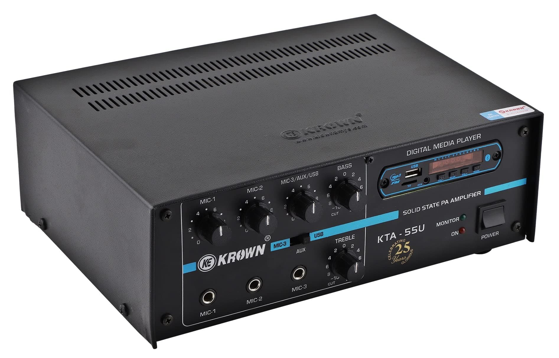 55W PA Amplifier with Bluetooth, USB Player, FM, 3 Mic Input and Aux