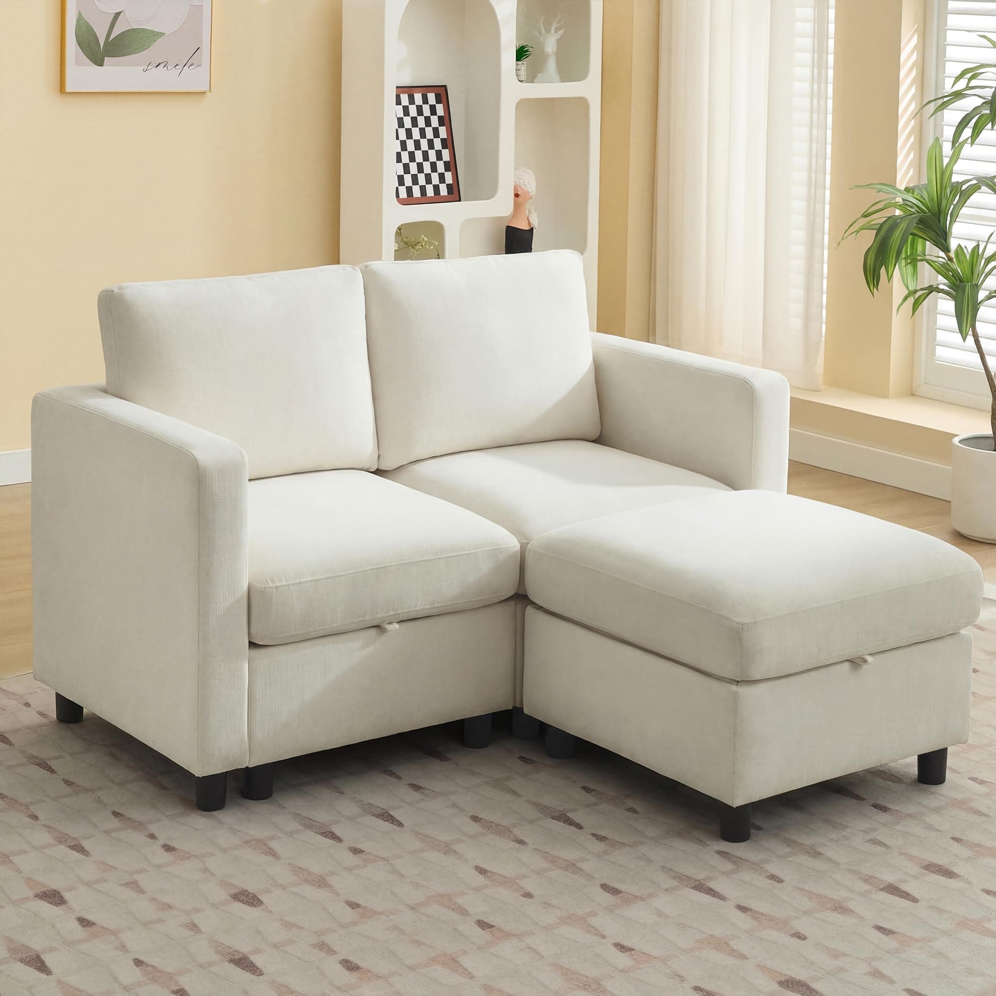 58”Modular Sectional Loveseat Sofa with Storage, Comfy Office L Shaped Sofa Couch, Chenille Love Seat Modular Sectional Couch with Movable Ottoman for Living Room, Bedroom, Beige