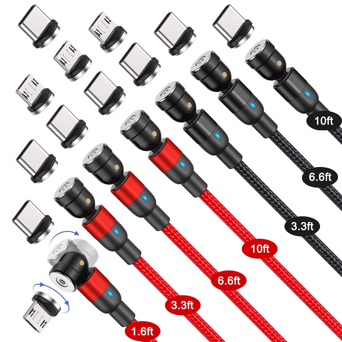 540 Rotation Magnetic Charging Cable (7-Pack, 1.6ft/3.3ft/3.3ft/6.6ft/6.6ft/10ft/10ft) - 3 in 1 Magnetic Phone Charger Compatible with Micro USB, Type C etc