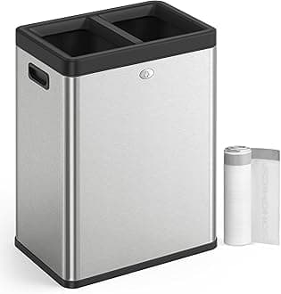 SONGMICS 2 x 6.6 Gallon Open Top Trash Can, Dual Compartment Garbage Can for Waste and Recycling, Stainless Steel, Trash Bin for Office, Restaurant, Commercial Use, Metallic Silver ULTB710E50