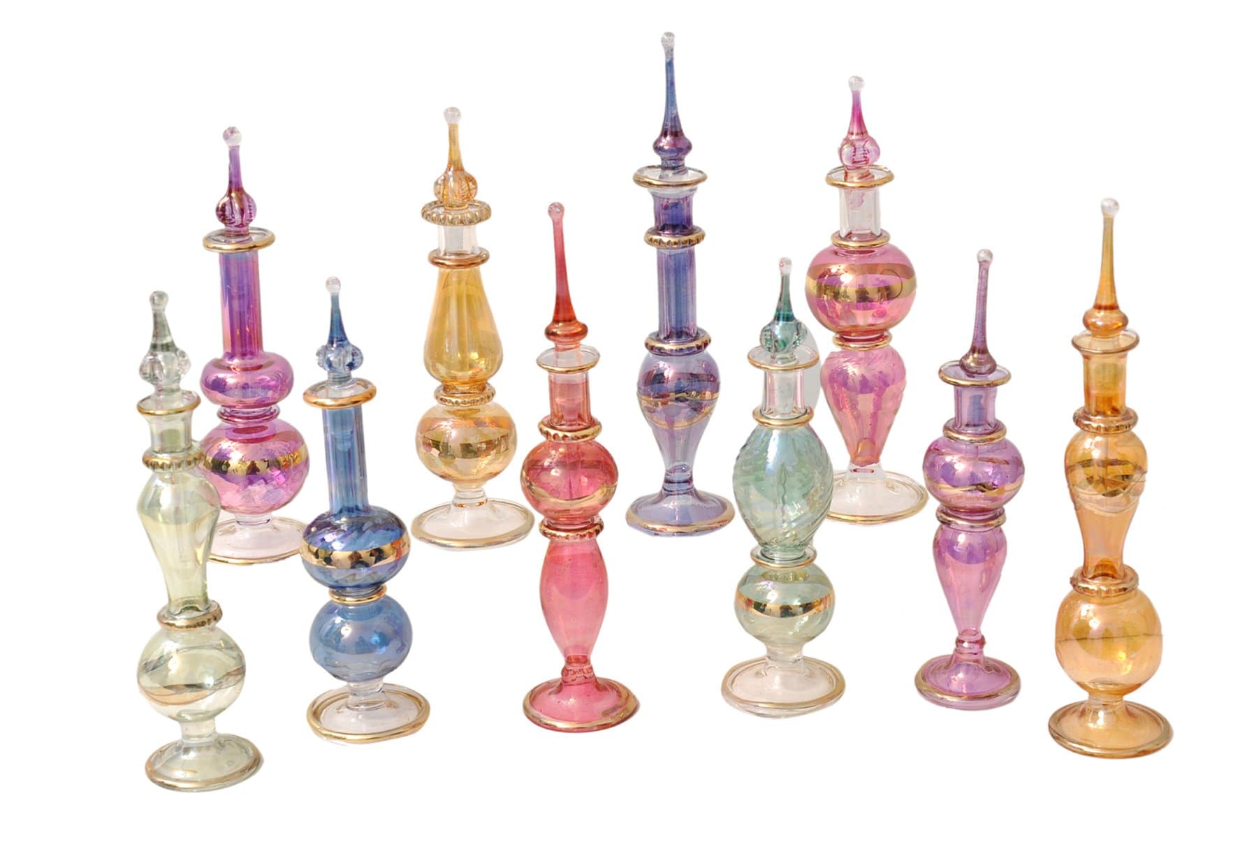 Egyptian perfume bottles, Perfume making kit, Decorative perfume bottles, Set of 10 Decorative Vials, Each 4" High (12cm), Assorted Colors