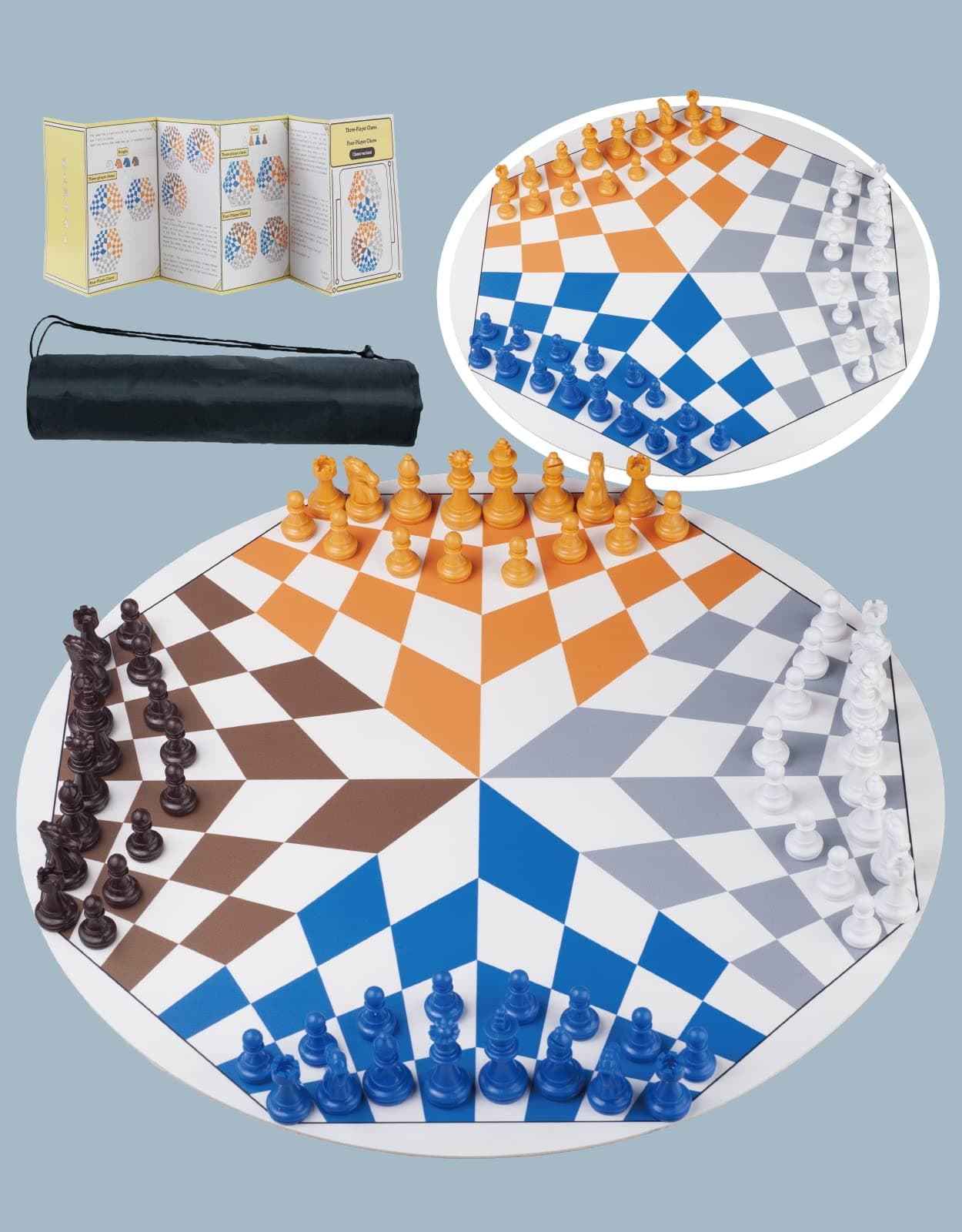 Three or Four Players Chess Set：A Leather Game Mat + 4 Packs of Pieces (64 Pieces) + 1 Game Manual + A Drawstring Storage Bag. A Strategy Chess Game for 2-4 Players