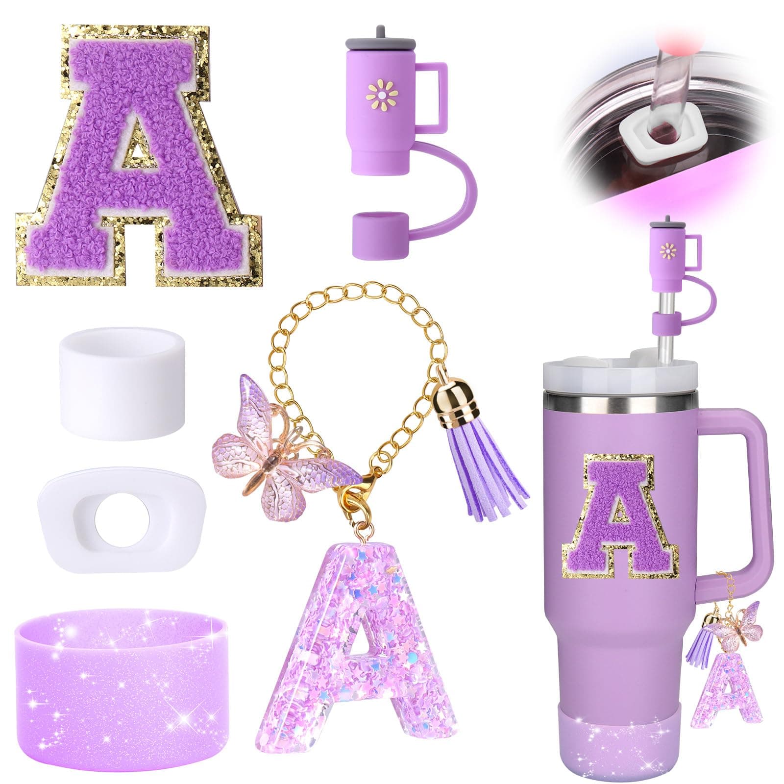 Mity rain 6PCS Cup Accessories Set for Stanley Cup 30oz 40oz tumbler with handle, Including Silicone Straw Topper Cover Cap and Boot, Spill Proof Stopper, Handle Charm, Initials Sticker (Letter A)