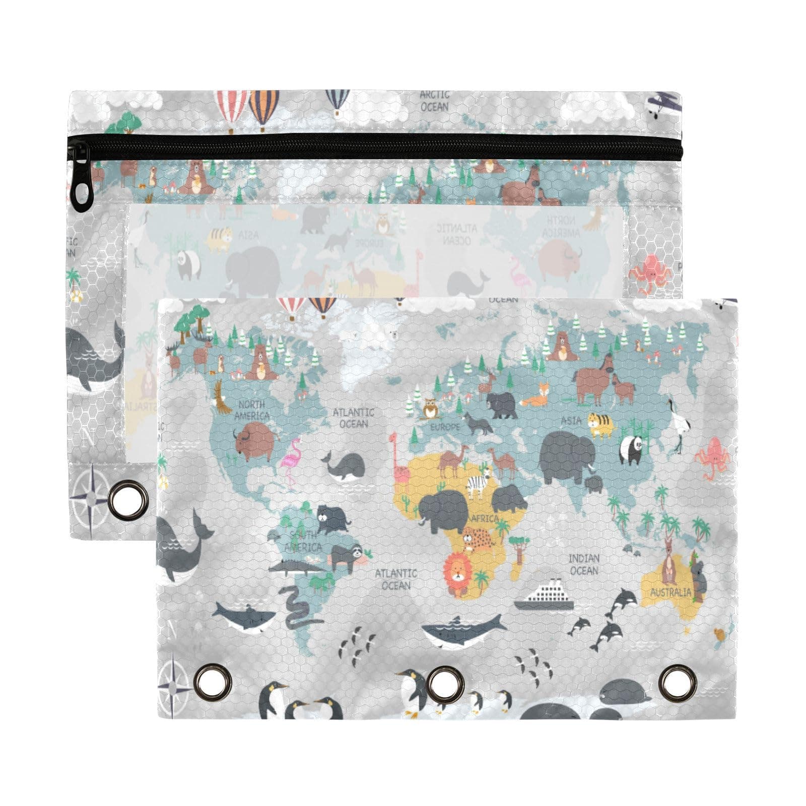 KLL 2 Pack Binder Pencil Pouch 3 Ring Zipper Clear Window Pen Case Big Capacity Cosmetic Bag Storage Container for Storing Office Supplies The World Map with Cartoon Animals