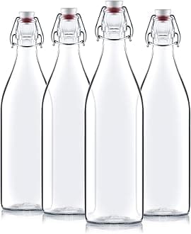 Paksh Novelty Set of 4 Giara Clear Glass Bottle With Stopper, 3.5 X 12-Inch 33 3/4 oz, Swing Top Bottle for Beverages Oil Vinegar