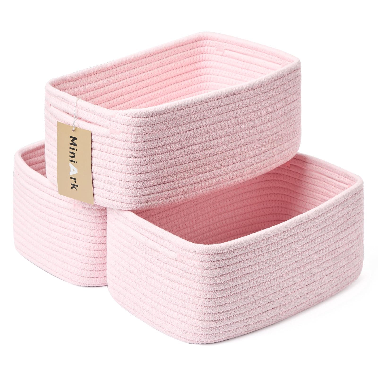 MiniArk Shelf Storage Baskets for Organizing | Closet Organizer Bins | Small Baskets | Toy Basket | Cute Decorative Basket | Cube Storage Bin | Woven Rope Basket | 13×8.5×5.1” | 3 Packs Light Pink