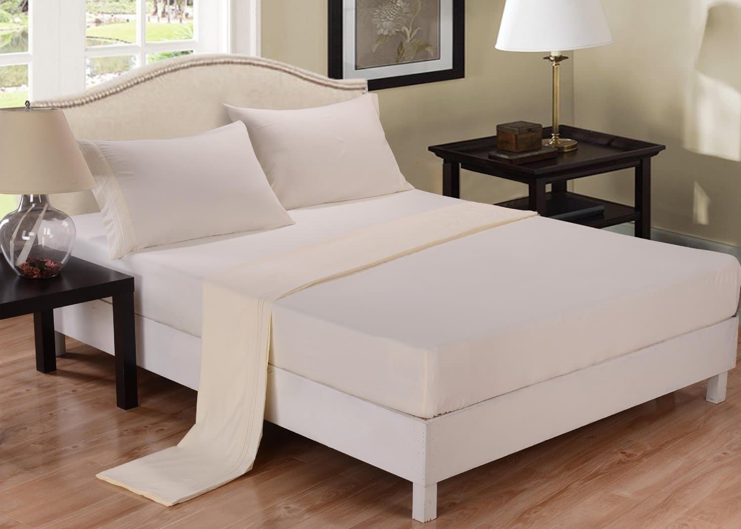 RAYYAN LINENPERCALE PLAIN DYED POLY COTTON CREAM 4 FEET SMALL DOUBLE FITTED BED SHEET, Mattress Cover, 9'' MATTRESS DEPTH