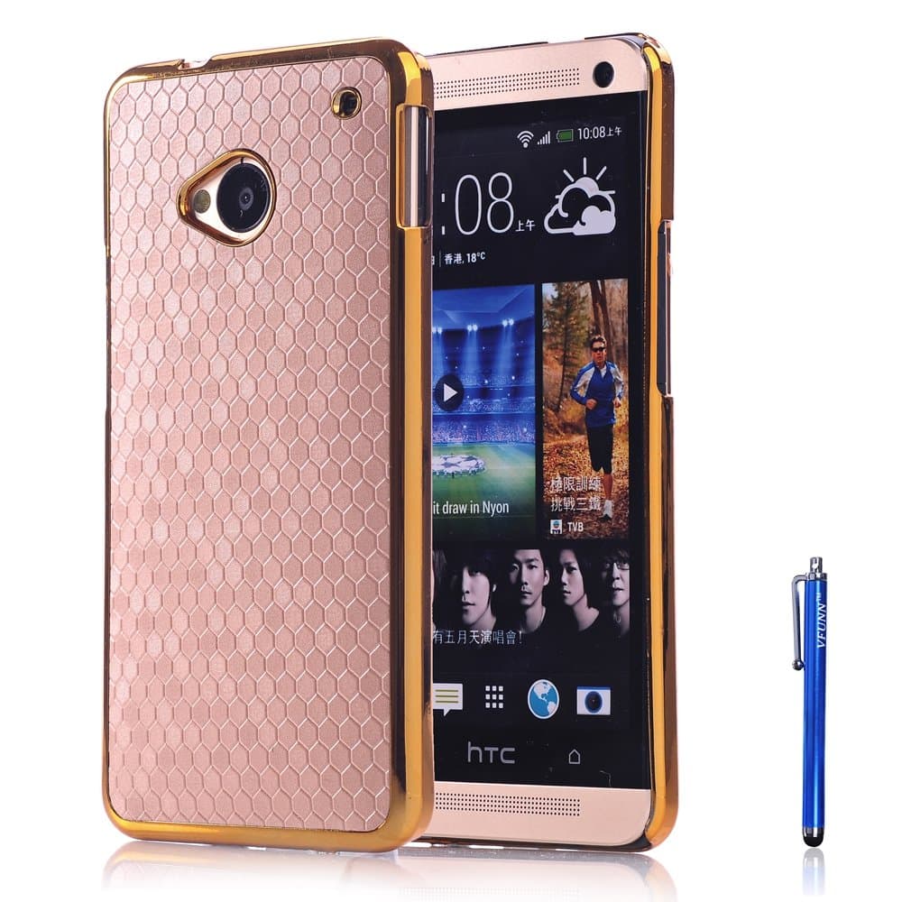 HTC One M7 Case, Vfunn Elegant Golden Plating Hard Back Case Cover for HTC One M7, with 1 Screen Protector 1 Clean Cloth Cleaner 1 Blue Stylus Pen (HTC M7) (Golden)