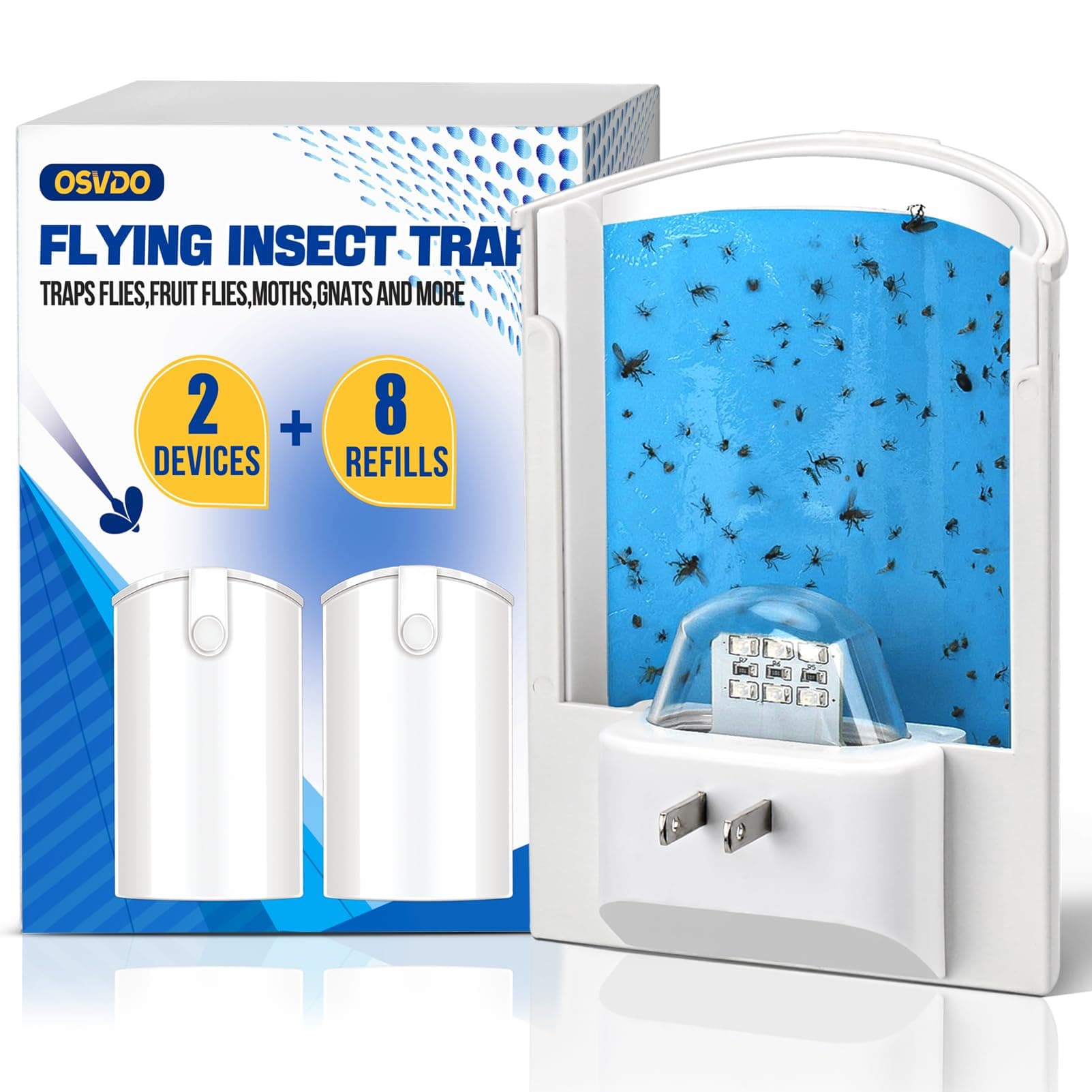 2-Pack Indoor Flying Insect Traps with 8 Refills, UV Light Bug Catcher for Flies, Gnats, Moths, 30-Day Sticky Pads, Silent Fly Catcher for Home