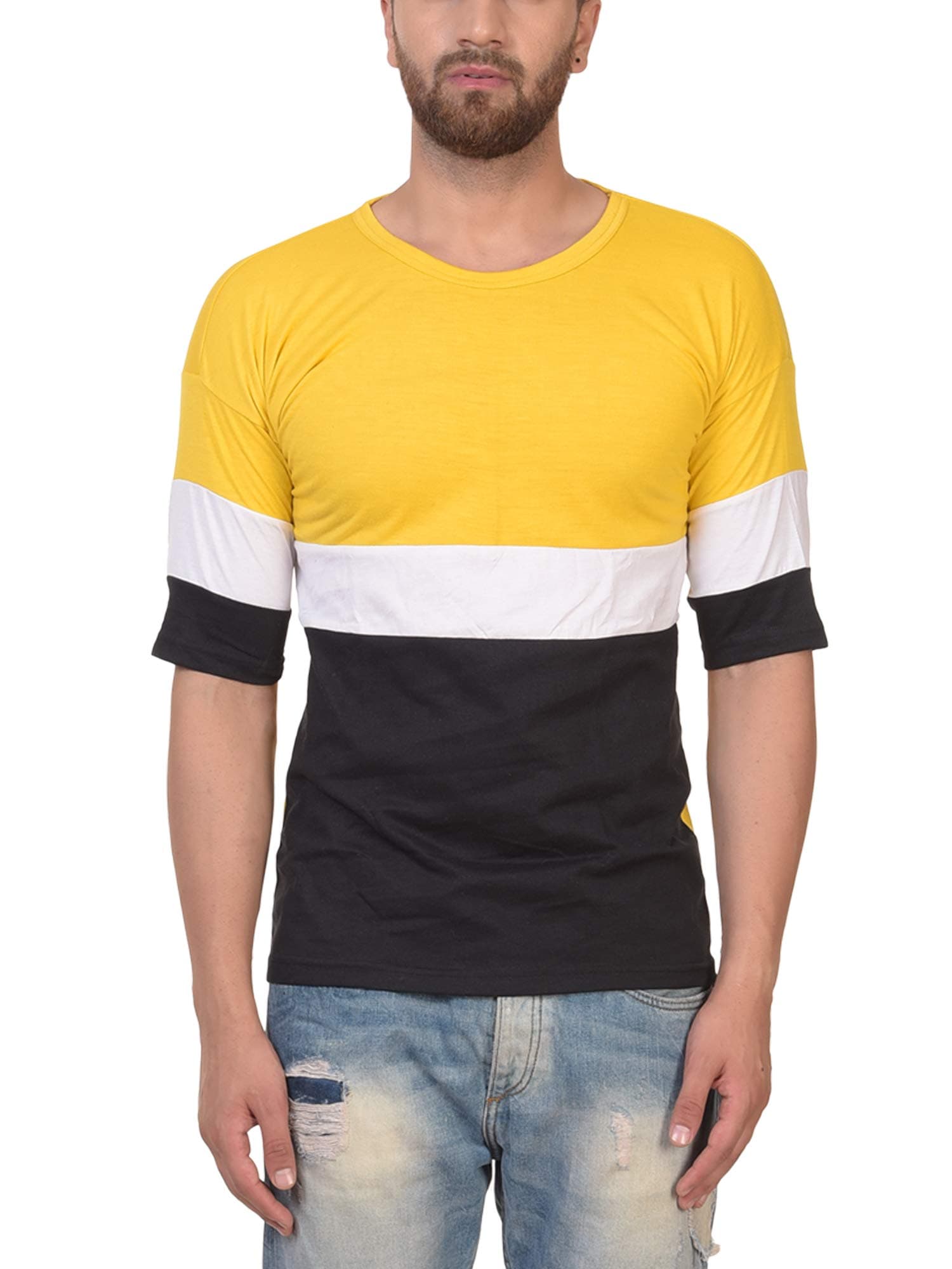PAUSEMen's Solid Cotton Short Sleeve Round Neck Regular-Fit T-Shirt (Yellow,PACT03181247-YLW-A)