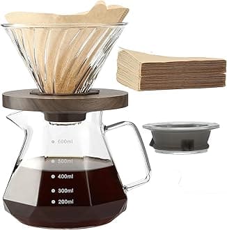 Pour Over Coffee Maker, 20 oz Borosilicate Glass Carafe with 100 pcs V60 Paper Filter by Gsform, Walnut Handle & Glass Lid, Drip Coffee Maker for Home Café Restaurant Camping, 600 ml, Clear
