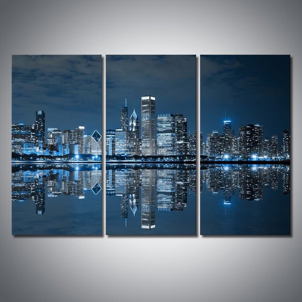 Eyedow Decor Art 3 Panel Cityscape Night Light Reflection Blue Cool Buildings In Dark Color In Chicago Wall Art Painting The Picture Print On Canvas City Pictures For Home Decor Decoration Gift
