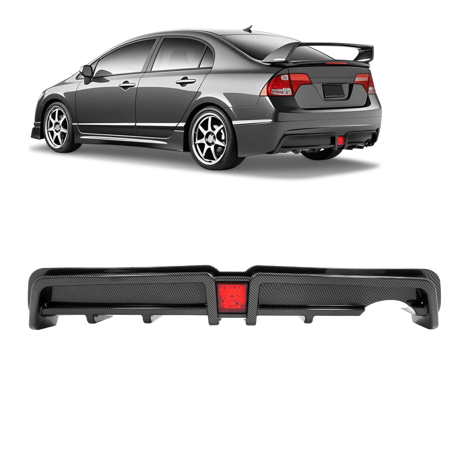 Rear Bumper Diffuser Compatible with 2006-2011 Honda Civic 4 Door Sedan Rear Lower Bumper Lip Splitter Valance with LED Brake Light Bumper Spoiler Carbon Fiber Color