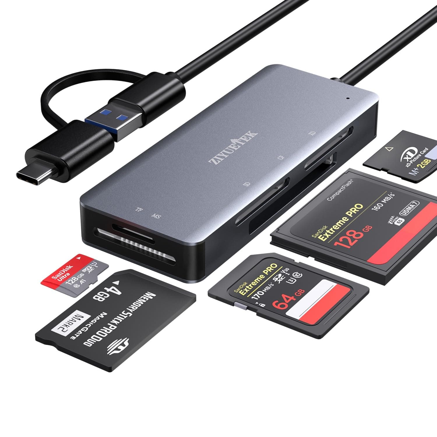 SD Card Reader, Aluminum 5in1 USB USB-C to SD Micro SD MS CF XD Card Reader Adapter Compatible with iPhone 15/16/Pro/Max, MacBook Pro/Air 2023, iPad Pro, iMac, S23, XPS 17, Surface Book 3 and More