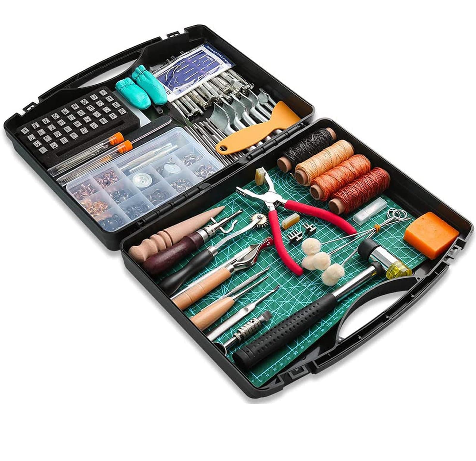 273 Pieces Leather Working Tools and Supplies with Leather Tool Box Cutting Mat Hammer Stamping Tools Needles Snaps and Rivets Kit Perfect for Stitching Punching Cutting Sewing Leather Craft Making
