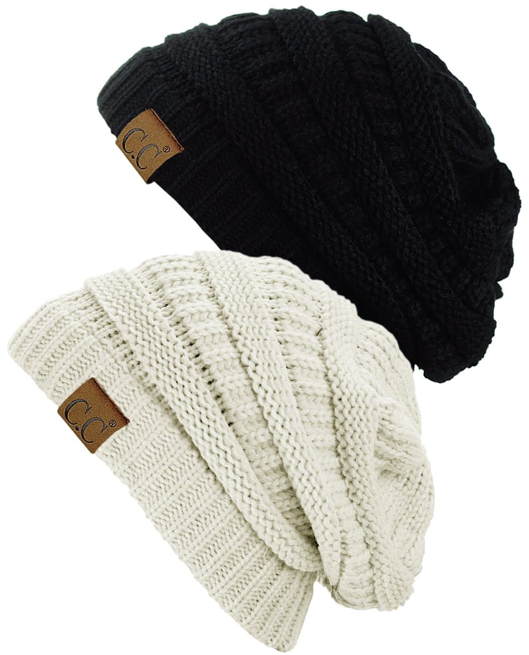 C.CWarm Chunky Soft Stretch Cable Knit Beanie Skully, 2 Pack