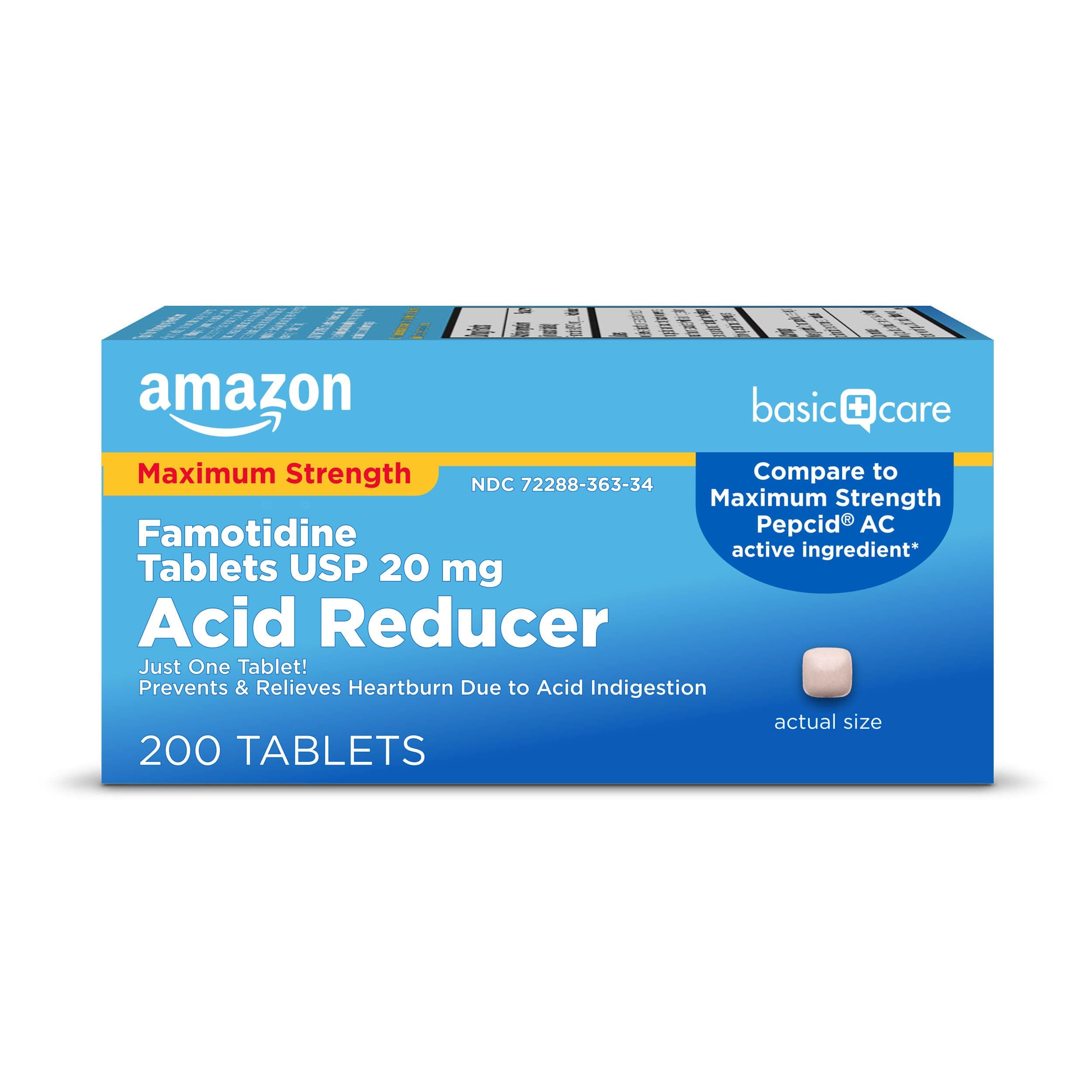 Amazon Basic Care Maximum Strength Famotidine Tablets 20 mg, Acid Reducer for Heartburn Relief, Prevents & Relieves Acid Indigestion, Heartburn Medicine, 12 Hour Protection, 200 Count