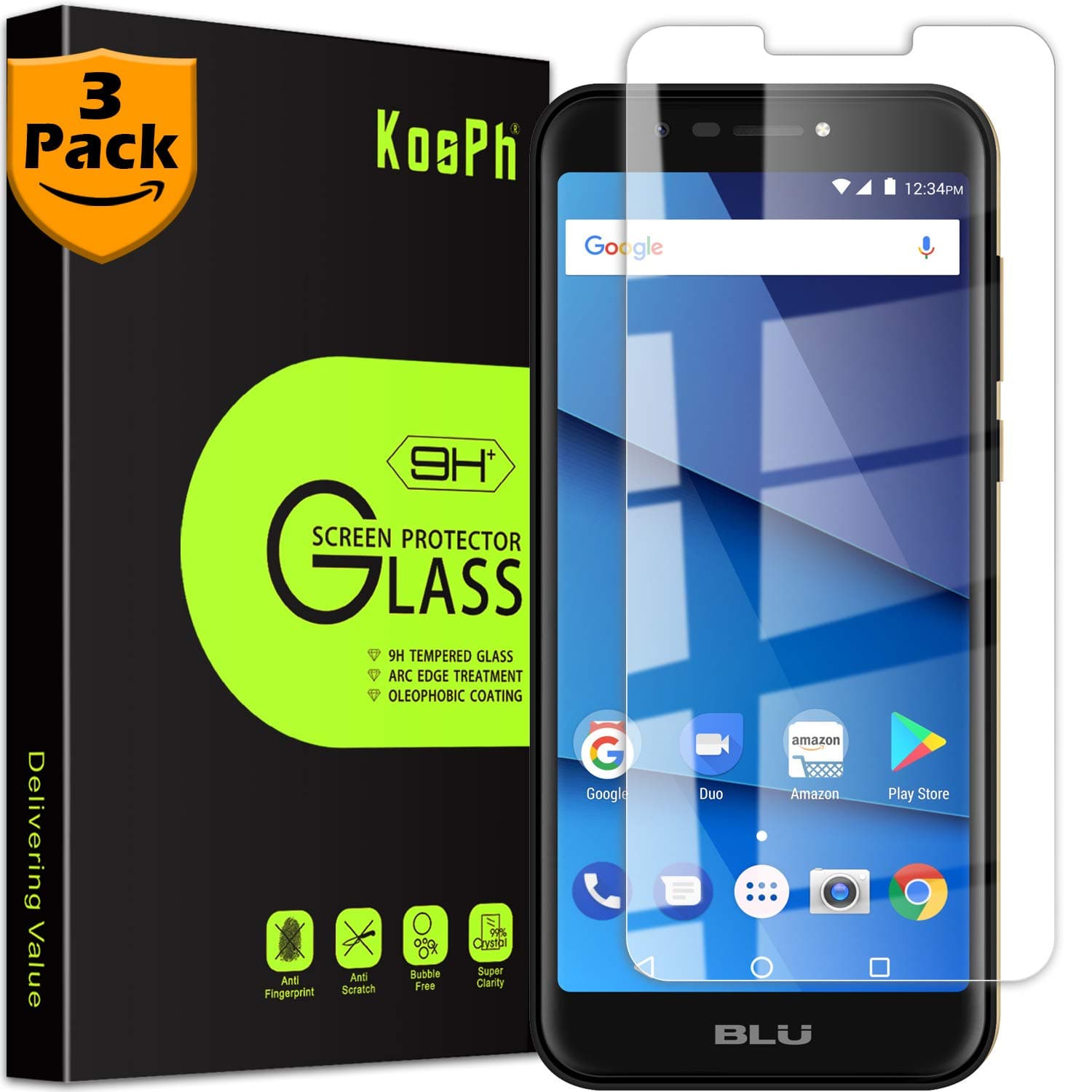 [3-Pack] KOSPH for BLU Studio View XL (S790Q) Tempered Glass Screen Protector, 9H Anti-scratch, 2.5D Arc Edge, Oleophobic Coated, Sensitive Touch, High Clarity (Flat Area Coverage, Clear)