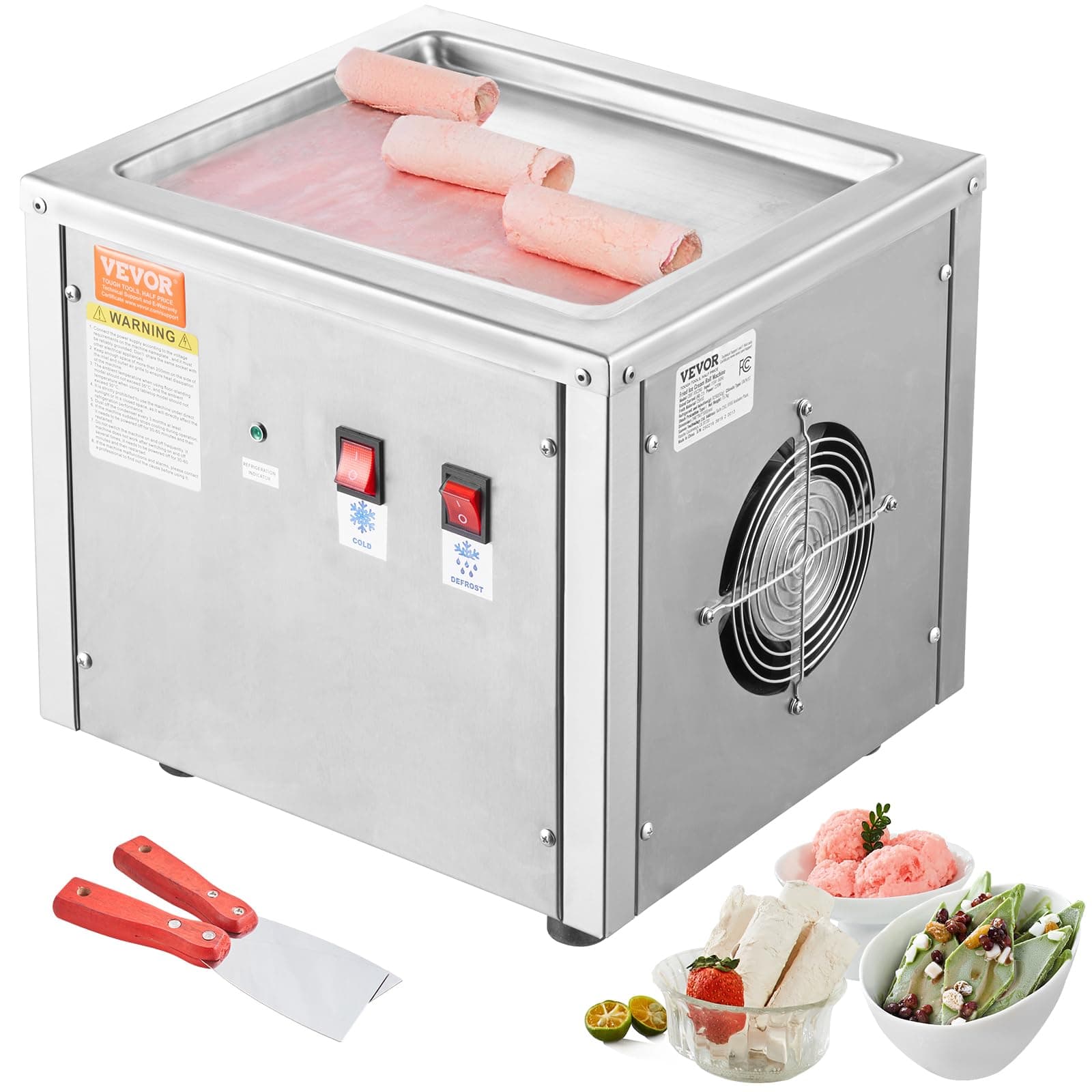 VEVOR Fried Ice Cream Roll Machine, Ice Cream Pan 28 x 24 cm, Stainless Steel Rolled Ice Cream Machine with Compressor and 2 Scrapers, for Making Ice Cream, Frozen Yogurt, Ice Cream Rolls