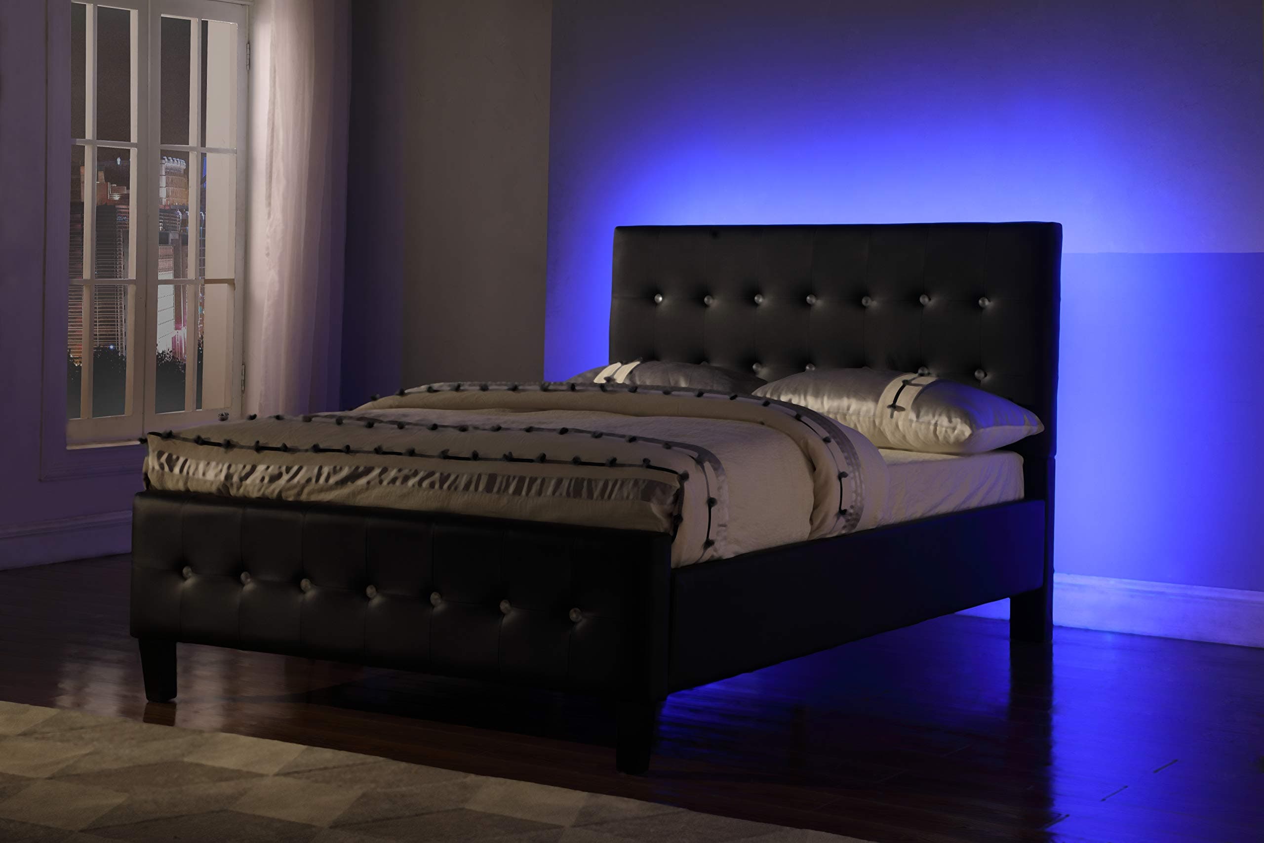 Modern Headboard Tufted Design Leather Look Upholstered Bed with LED Headboard (Queen, Black)