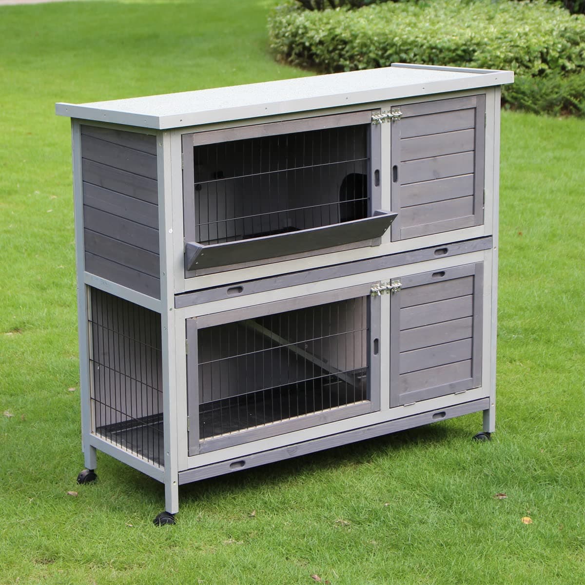 Indoor Rabbit Hutch with Wheels, Outdoor Rabbit Cage with Pull Out Trays, Movable Bunny Hutch, 2 Story Guinea Pig Cage, Large Rabbit House