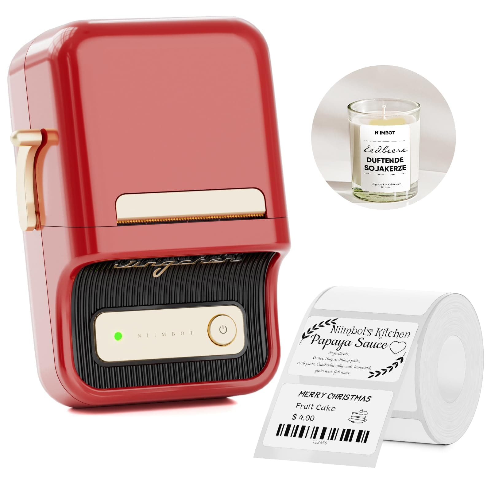 B21 Mini Thermal Inkless Label Maker Compatible with iOS and Android, for Home Organisation, Business, Barcode, QR Code, with 1 Pack of 50x30mm, Red