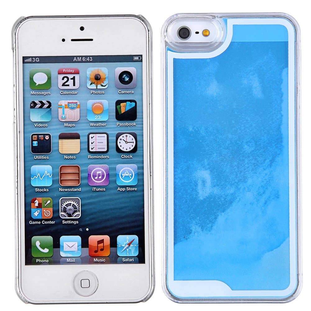 Fluorescent iPhone 5 5S Case-Yerwal Glow in the Dark Fluoresent Quicksand Liquid Hard Case Clear Cover For iPhone 5 5G 5S-Blue