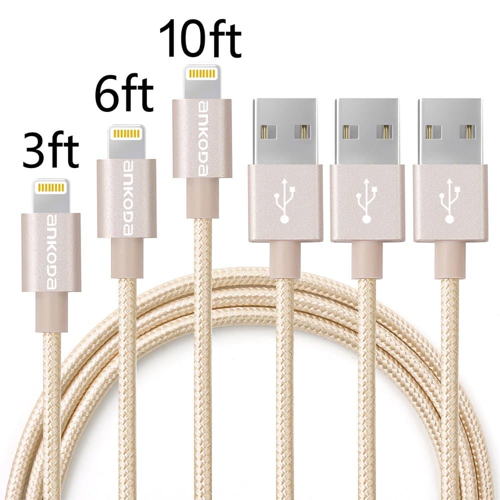 Ankoda® Lightning Cable, [3-Pack 1m / 2m / 3m] Durable and Fast Charging USB Sync and Charging iPhone Cable For iPhone 8 8Plus 7 7Plus 6 6Plus 5, iPad Pro Air, iPad Mini 2 3 4, iPod Nano and More (Gold)