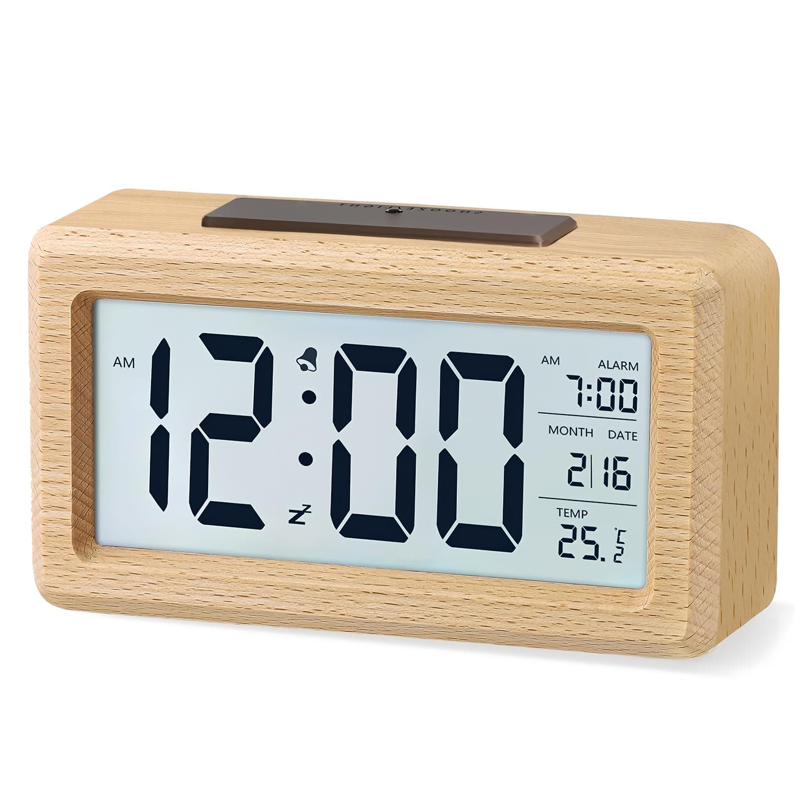 aboveClock Digital Alarm Clock, Wooden Bedside Clock with Large LCD Backlit Display, Temperature, Snooze Function, Brightness Sensor, 3 AAA Battery Operated【Battery NOT Included】
