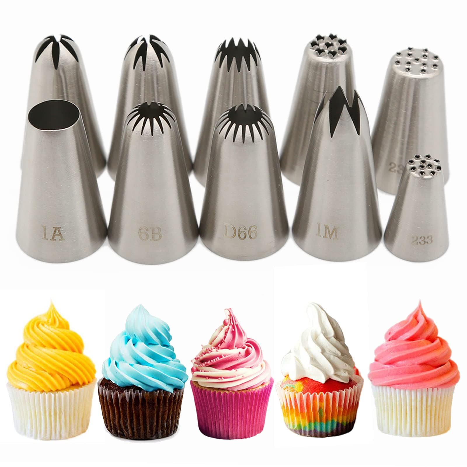 XOPOZON 10 Pack Large Piping Nozzles Tips Set, 7 Pack Cake Piping Nozzles and 3 Pack Grass Stainless Steel Cake Decorating Tools for Baking DIY Cream Cake Cupcake, Silver (ZON-UK018)