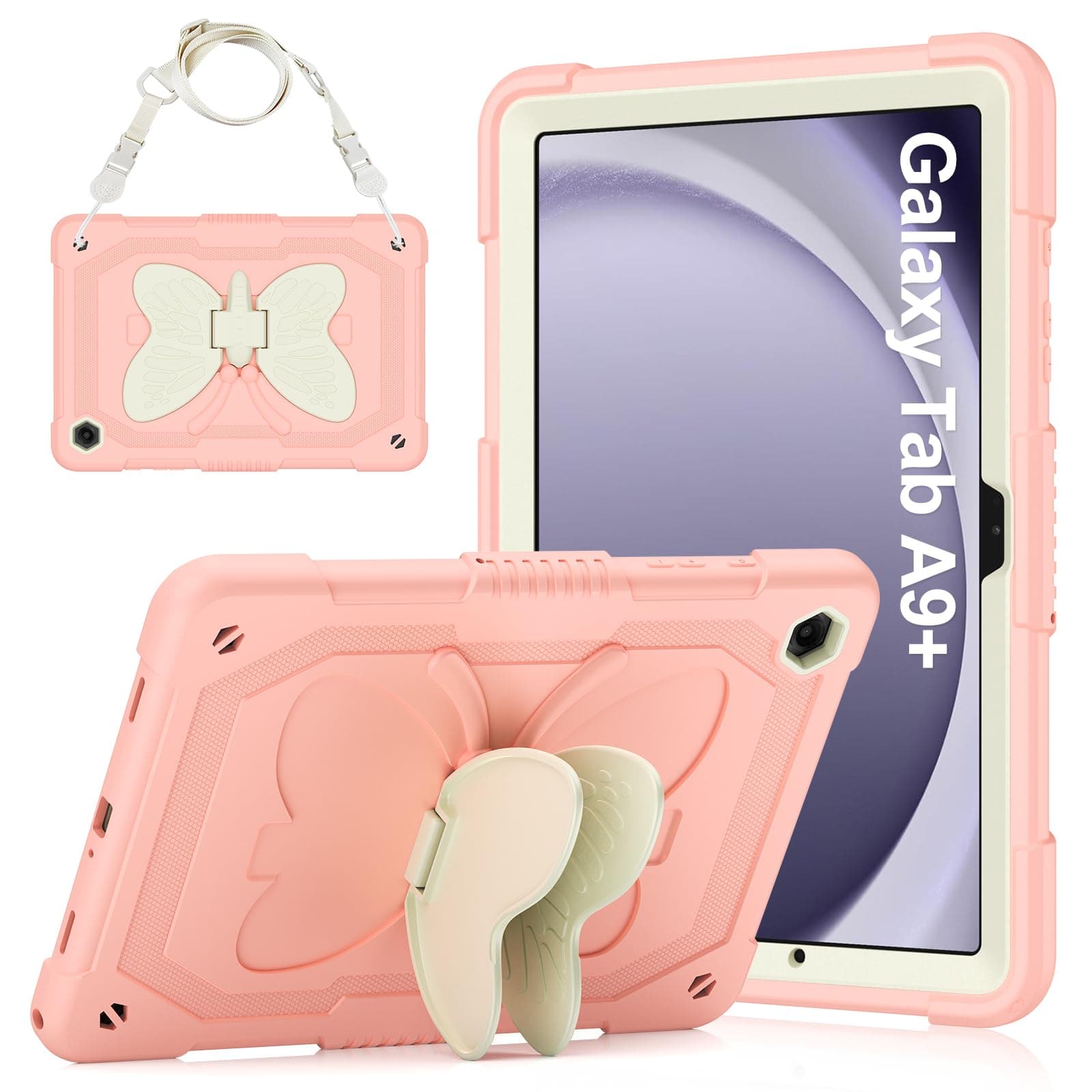Case for Samsung Galaxy Tab A9+/A9 Plus 11 inch 2023, Protective Cover for Galaxy Tab A9+ Tablet Kids Girls with Shoulder Strap, Butterfly Kickstand, Heave Duty Shockproof Protective - Pink