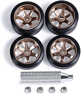 6 Spoke Wheel Rims & Rc Car Drift Tires for 1/28 RC Hobby Model Car, [2*N+2*W] 4 Pcs 20mm Aluminum Alloy Rims for Wltoys K969 K989 P929 AWD XRX AMZ WL DRZ GLA BZ (Bronzed Drift)
