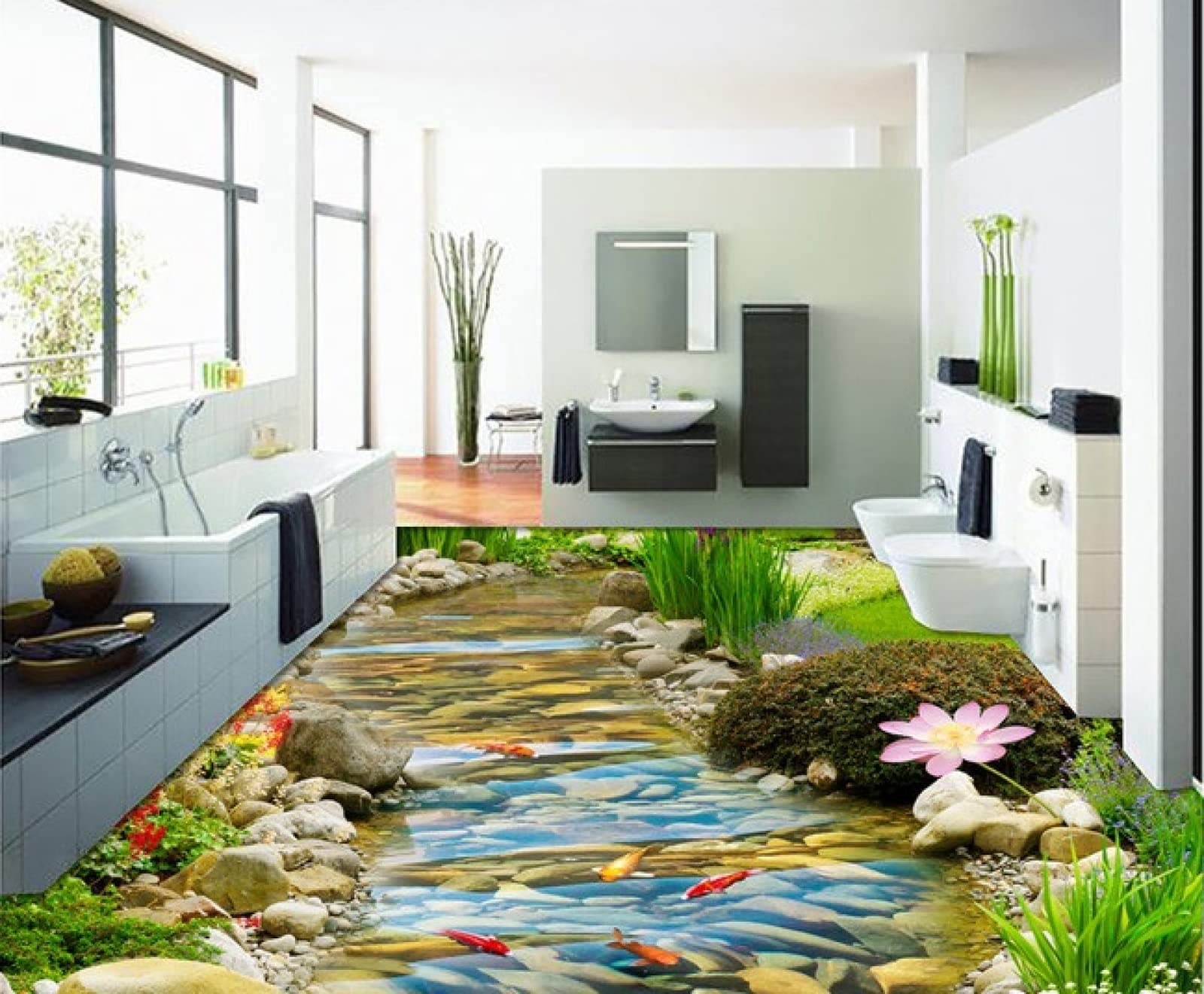 Wall Mural Wallpaper 116 x 83 inch (Width x Height) 3D PVC Flooring Custom Wall Sticker 3D Hd Streams Goldfish Lotus 3D Bathroom Flooring Paintings Photo 3D Wall murals Wallpaper