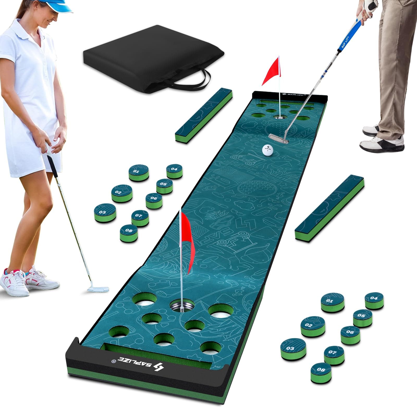 SAPLIZE Golf Pong Game Set, 20in x 10ft Indoor/Outdoor Putting Mat with Putter, Mirror, Cup, 4 Slope Wedges, Ball Bouncer & Roller Brush – Fun Golf Games Gift Idea