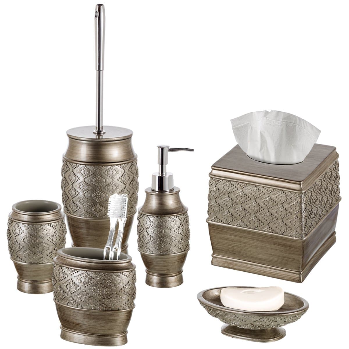 Creative Scents Dublin Silver Bathroom Accessories Set Complete - Brushed Silver 6 Piece Bathroom Set: Toilet Brush and Holder, Tissue Cover, Toothbrush Holder, Soap Dispenser, Tumbler & Soap Dish